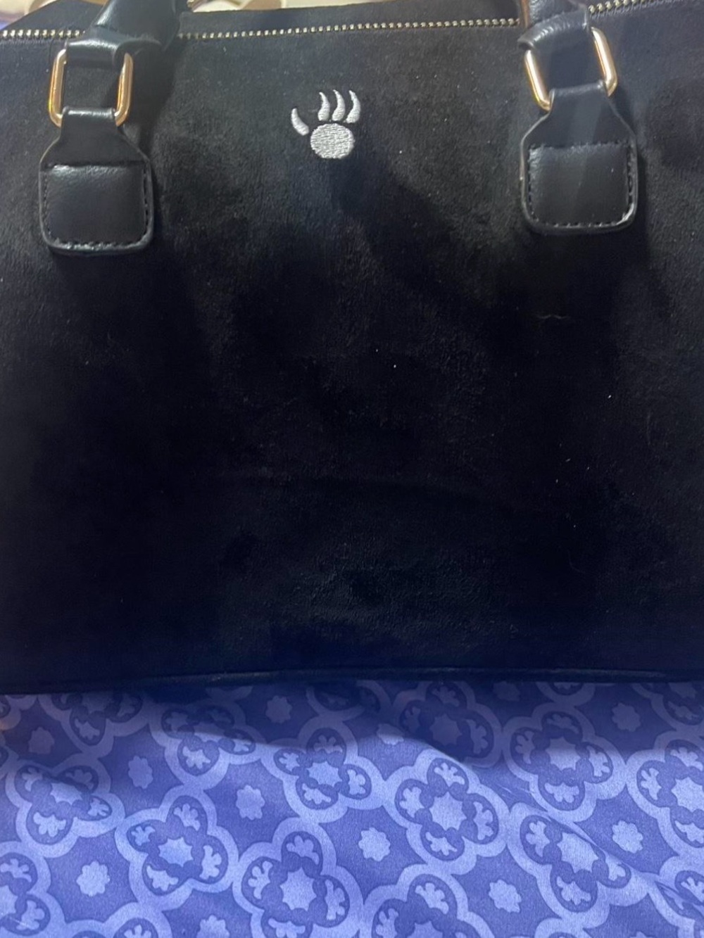 Black Suede Tote Bag with Embroidered Paw Accent
